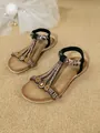 Sandali piatti vintage boho da donna con perline fatte a mano e strass scintillanti - 36 / Nero