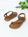 Bohemian ethnic brown flat sandals with beaded diamond charms and thong design - 38 / Dark Brown