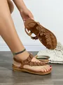 Bohemian ethnic style brown flat beach sandals featuring elegant 3D floral strap decorations - 35 / 3D Flower Decoration (Style D) / Brown