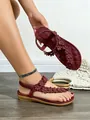 Stylish burgundy Bohemian flat sandals with elegant flower decorations for summer beach - 38 / Wine Red Style D