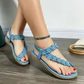 Blue bohemian flat sandals with daisy floral decorations for beach summer wear - 41 / 3D Daisy Style (D) / Lake Blue