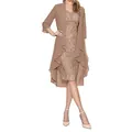 Two-piece elegant lace dress set with long chiffon cardigan in mocha color - S / Top And Bottom / Coffee