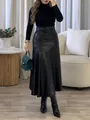 Elegant high-waisted black PU leather midi umbrella skirt for sophisticated women - S / Bottoms / Black