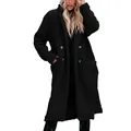 Detail view of black plush long coat with lapel and double-breasted design. - S / Tops / Black