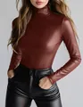 Elegant dark brown faux leather long sleeve turtleneck slim fit base shirt for women - S / Tops / Burgundy