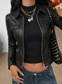 Chic slim-fit black PU leather jacket with functional front pockets for trendy women - S / Tops / Black