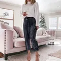 Elegant women's high waisted sequin casual pants with drawstring for holiday parties - S / Bottoms / Black
