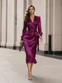 Elegant purple satin V-neck long sleeve midi dress with waist tie for women. - S / Dresses / Purple
