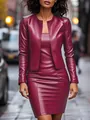 Fashionable wine red faux leather two-piece jacket and bodycon dress set for women - S / Top And Bottom / Burgundy