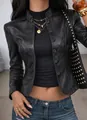 Chic women's black stand-collar leather jacket in a sleek, slim-fit short design. - S / Tops / Black