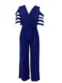 Elegant royal blue V-neck cold shoulder jumpsuit with a belted high waist design - S / Dresses / Dark Blue