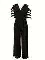 Elegant black V-neck cold shoulder jumpsuit featuring waist tie and wide leg silhouette. - S / Dresses / Black