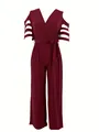 Elegant burgundy V-neck off-shoulder jumpsuit with high waist belt and wide legs - S / Dresses / Burgundy