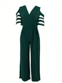 Elegant dark green V-neck jumpsuit with cold-shoulder cutouts and high-waist belt. - S / Dresses / Green