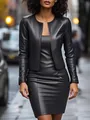 Sophisticated women's black leather jacket and matching bodycon dress 2-piece set - S / Top And Bottom / Black