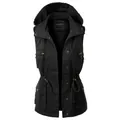 Detailopname van een zwart damesvest met capuchon, trekkoorden en goudkleurige details - S / Tops / Zwart