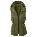Dames utility vest met capuchon in olijfgroen, verstelbaar trekkoord in de taille. - S / Tops / Groen