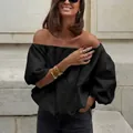 Elegant black off-the-shoulder pure cotton blouse with voluminous puffed sleeves. - S / Tops / Black