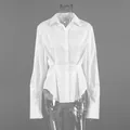 Elegant white cotton shirt featuring pleated waist detail and long sleeves for women - S / Tops / White