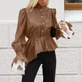Elegante blusa francesa marrón para mujer con mangas abullonadas y encaje - Marrón