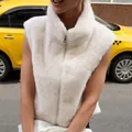 Elegant white faux mink fur sleeveless vest featuring high collar and front zipper closure - S / Tops / Apricot