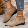 Comfortable women's khaki suede wedge shoes with crisscross elastic straps and round toe design - 36 / Khaki