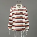 Retro striped long sleeve knit polo shirt for women in a classic vintage autumn style. - S / Tops / Multicolor Striped