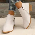 Stylish beige pointed toe ankle boots with side zipper and low chunky heel for women - 36 / Off White
