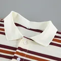 Detailed close-up view of a retro striped knit polo shirt collar with button details - S / Tops / Multicolor Striped