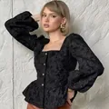 Elegante camicetta francese in jacquard con scollo quadrato e maniche a sbuffo - Taglia S / Top / Nero