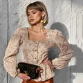Blusa jacquard retrò francese kaki con scollo quadrato e maniche a sbuffo stile moda. - Taglia S / Top / Kaki