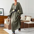 Robe longue élégante en lin vert olive de style français avec manches longues et col en V - S / Robe (LYQ4301) / Vert