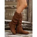 Brown suede slouchy mid-calf boots with side zipper and flat sole in western style - 36 / Chocolate
