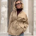 Stylish khaki mid-length barn style windbreaker jacket with adjustable drawstring waist - S / Tops / Khaki