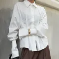 Elegant white cotton shirt featuring pleated waist and slim fit long sleeves for women - S / Tops / White