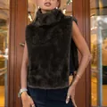 Stylish dark brown faux fur sleeveless turtleneck vest for women's chic autumn fashion - S / Tops / Dark Brown