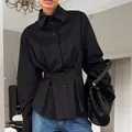 Black pleated waist long-sleeve shirt for women, slim fit lapel blouse for office - S / Tops / Black