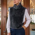 Elegant charcoal gray high neck faux fur shoulder warmer vest for women autumn winter - S / Tops / Gray