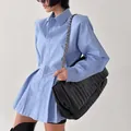 Elegant light blue cotton long-sleeve shirt with pleated waist and button front - S / Tops / Blue