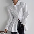 Elegant white long-sleeve pure cotton shirt with a unique pleated peplum waist design - S / Tops / White
