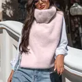 Chic pink faux fur turtleneck sleeveless vest for women in a stylish autumn winter look - S / Tops / Pink