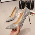 Elegant silver sequin stiletto heels with a pointed toe for formal occasions - 34 / 8897 Style / 6cm Heel / Silver