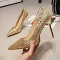 Elegant gold glitter stiletto high heels with pointed toe for evening parties. - 34 / 8897 Style / 6cm Heel / Gold
