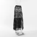 Detail of black sheer floral lace maxi skirt featuring a tiered high-waist design - S / Bottoms / Black