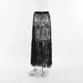Detailed view of elegant black sheer floral lace tiered high waist commute maxi skirt - S / Bottoms / Black