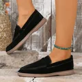Casual women's black suede flat loafers with contrast stitching for autumn daily wear - 35 / Black