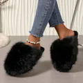 Close-up of black fluffy faux fur slippers for women with cozy closed-toe design - 36-37 / Black