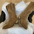 Vintage brown suede cowboy boots with embroidery and chunky heels in product box. - 35 / Khaki