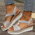 Grey and gold wedge espadrille sandals for women with stylish metal buckle accents - 38 / Gray