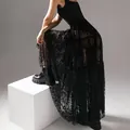 Elegant black sheer lace high-waisted long skirt with floral pattern for women - S / Bottoms / Black
